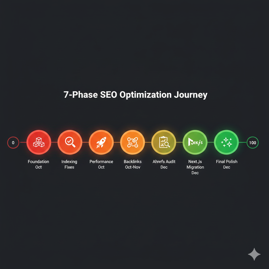 7-Phase SEO Optimization Journey: Foundation (Oct), Indexing Fixes (Oct), Performance (Oct), Backlinks (Oct-Nov), Ahrefs Audit (Dec), Next.js Migration (Dec), and Final Polish (Dec) - from 0 to 100