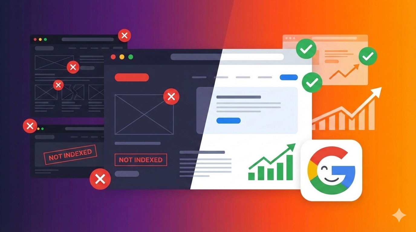 SEO Journey: From Not Indexed pages with red X marks to indexed pages with green checkmarks and Google approval