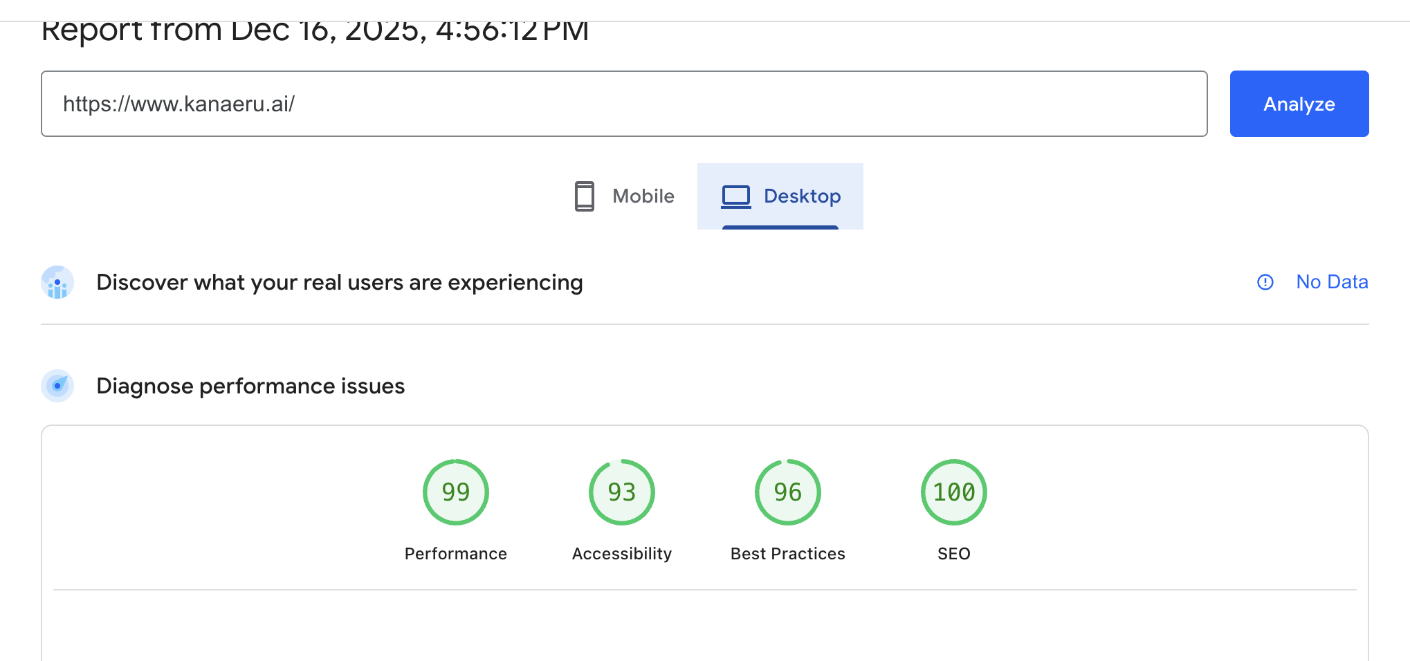 PageSpeed Insights showing excellent desktop scores: Performance 99, Accessibility 93, Best Practices 96, SEO 100