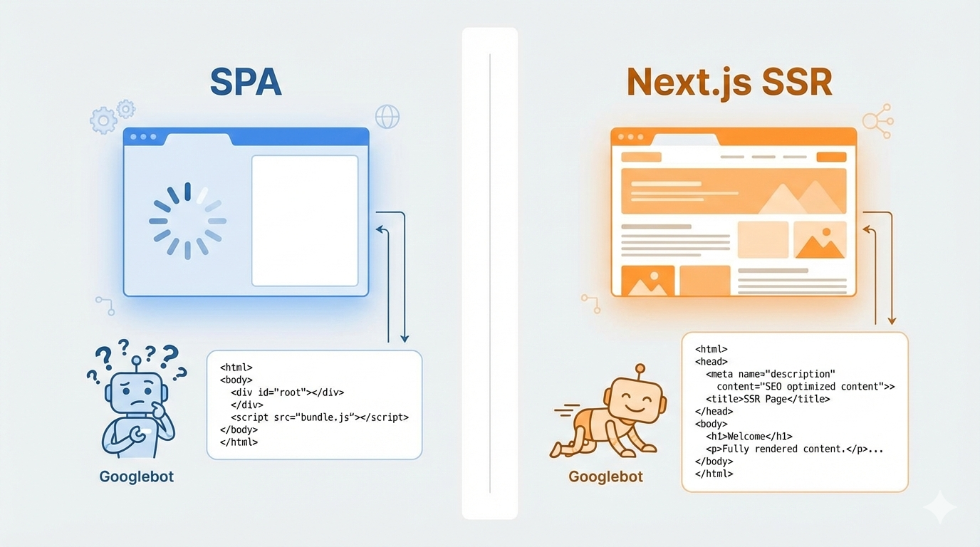 SPA vs Next.js SSR: Googlebot confused by SPA loading spinner vs happy Googlebot with fully rendered Next.js SSR content