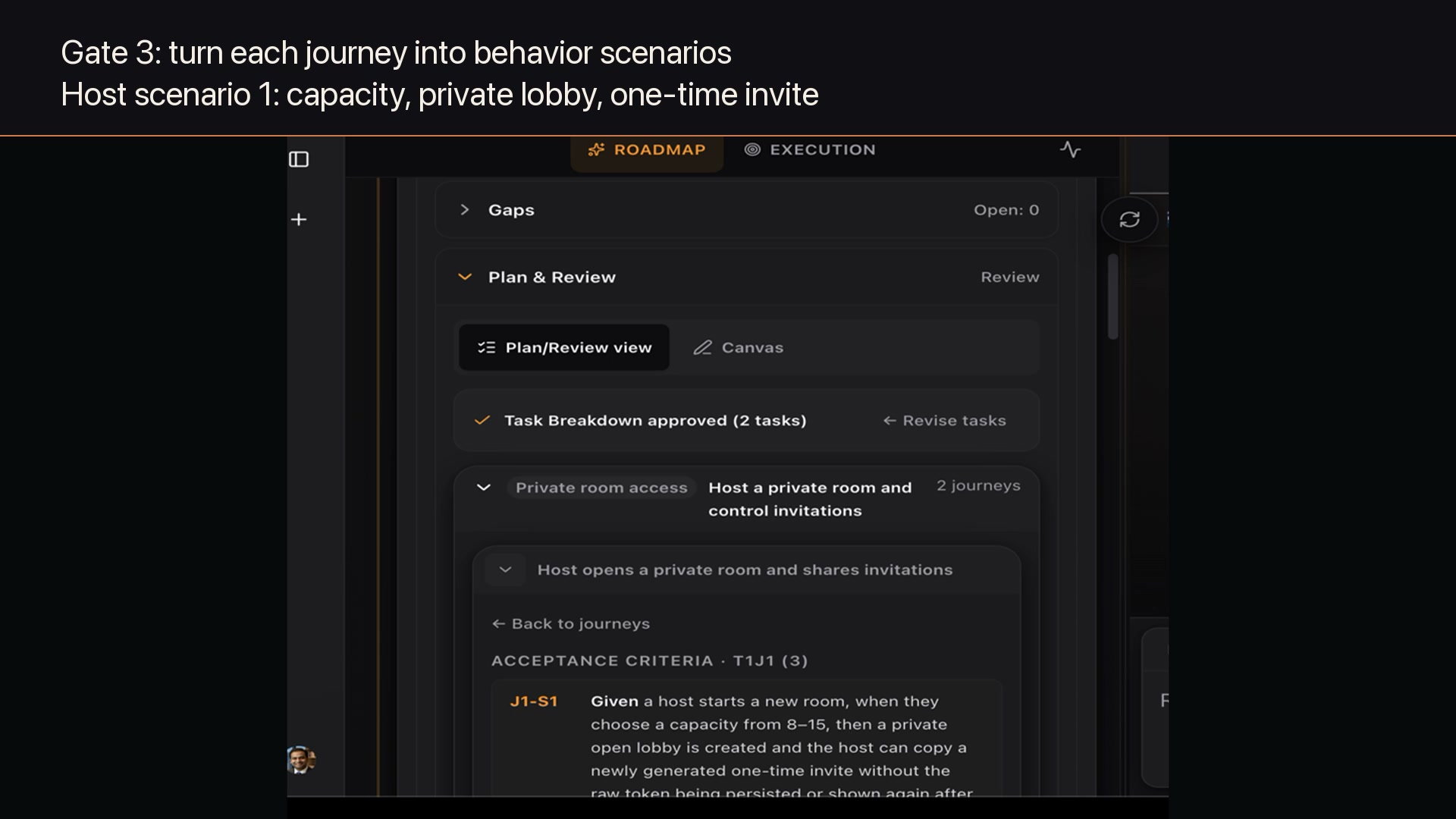 The Review session connects a journey to precise behavior scenarios and its contributing blueprints.
